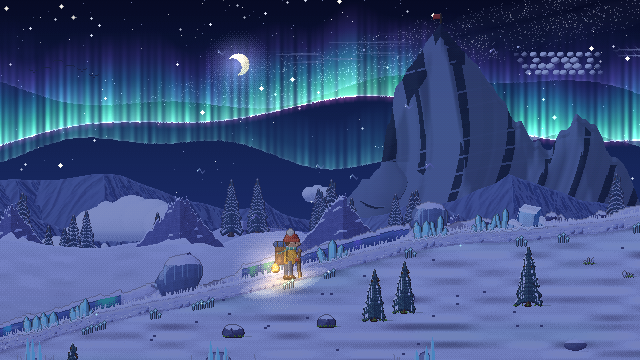 A hiker with a lantern under the northern lights