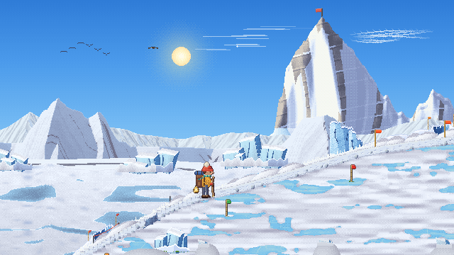 A hiker crossing a glacier marked with red flags