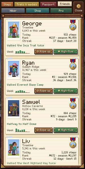 The Friends page: each friend's biome, steps today, rank and streak, with Rope up and High-five buttons.