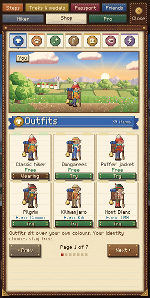 The Outfits page: a classic hiker, dungarees, a puffer jacket and outfits earned on famous treks.