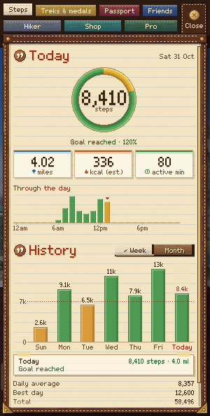 The Steps page: today's total in a ring, miles, calories and active minutes, a chart through the day and the week's history.