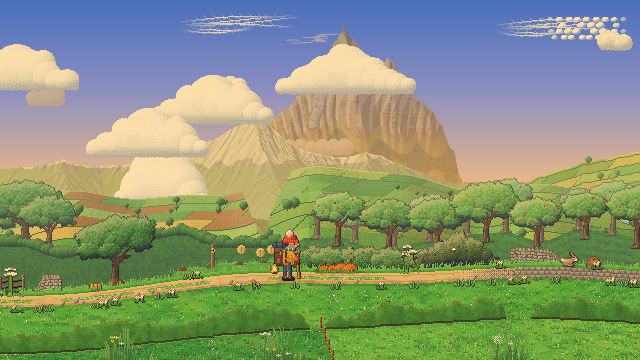 A hiker with a red bobble hat walking a dirt path through green lowlands at golden hour, a tall mountain behind.