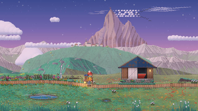 The Tarnlands at dawn, a pink and purple sky over a hut