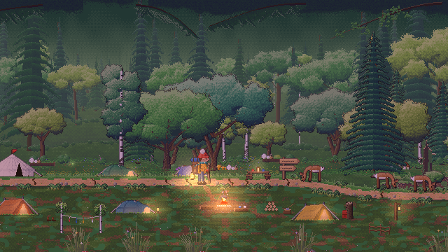 A forest camp at dusk with tents and a campfire
